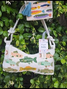 Viral Handcrafted White Multicolored Fish Beaded Bag with Matching Coin Purse